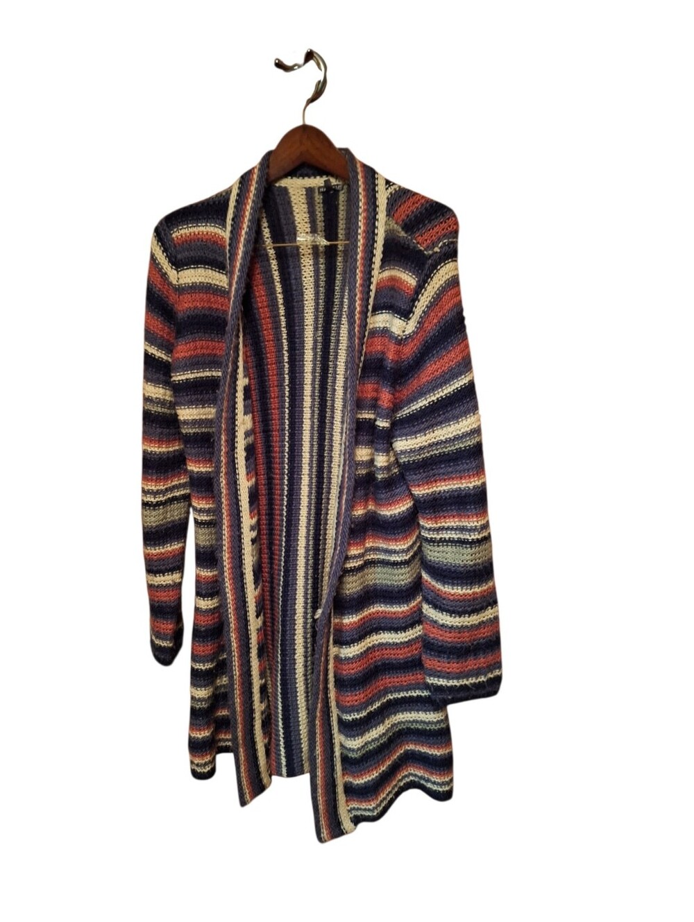 Hannah Long Open Design Striped Nubby Sweater Ladies Large Comfy Earth Tones